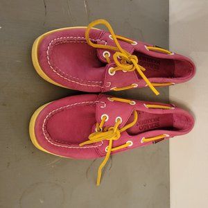 Pink Sebagos with yellow laces size 6.5